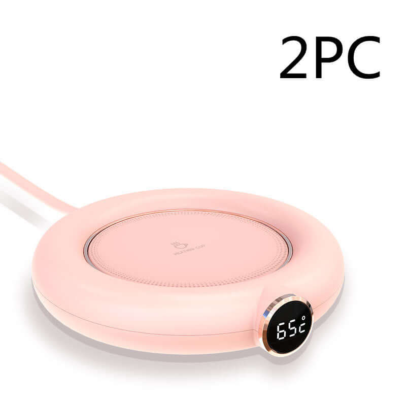 Pink electric mug warmer with digital temperature display, kitchen accessory, 2 piece set