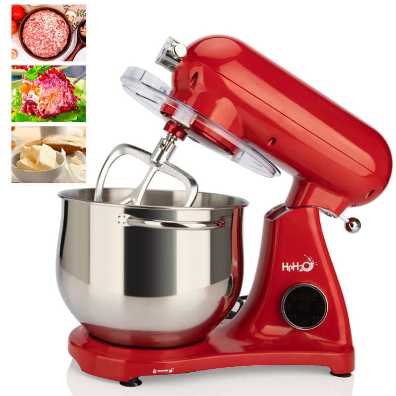 Red stand mixer with stainless steel bowl and digital display, kitchen prep images inset