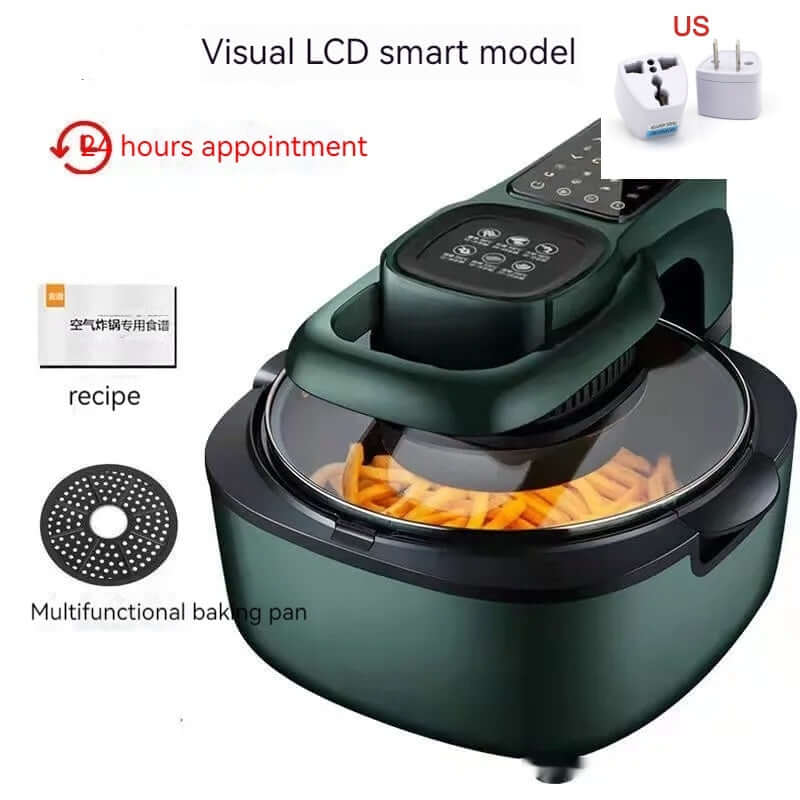 Smart air fryer oven with LCD display, baking pan, and fries inside for healthy cooking