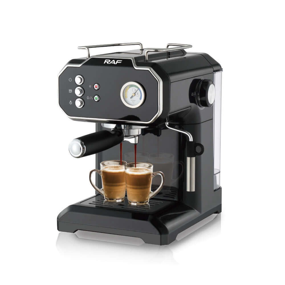 Black espresso coffee machine brewing two cappuccinos in glass cups, kitchen appliance