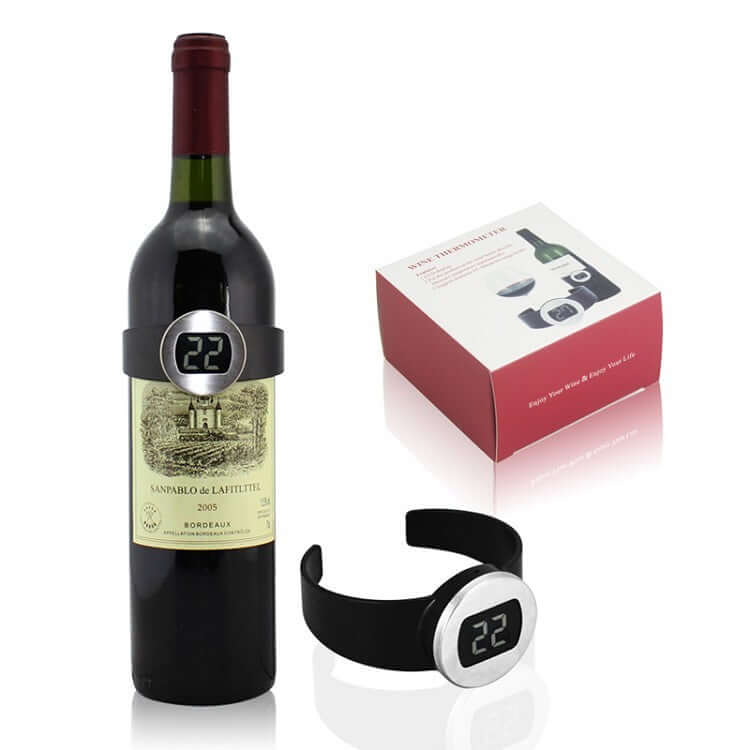 Digital wine bottle thermometer sleeve with display, wine bottle, and gift box