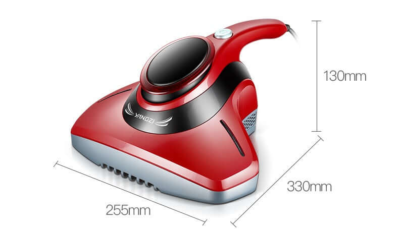 Red handheld vacuum cleaner with ergonomic handle and dimensions labeled, kitchen appliance