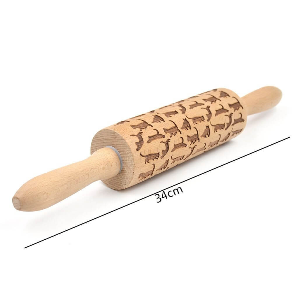 Wooden embossed rolling pin with cat pattern, 34cm kitchen baking tool