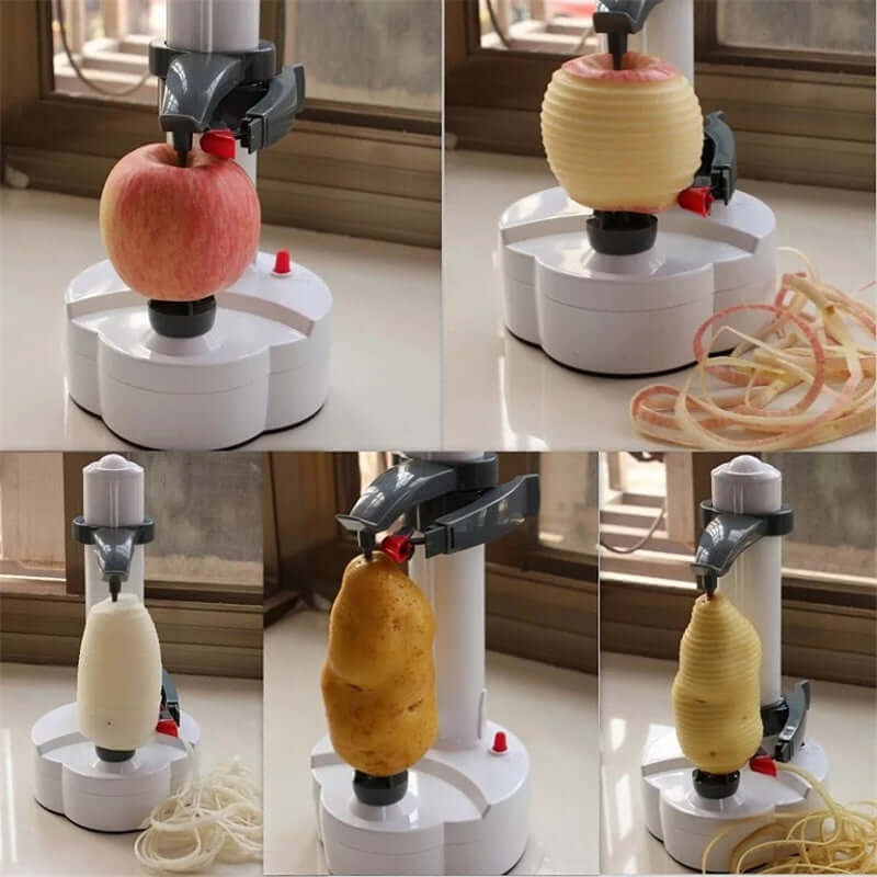 Automatic electric fruit and vegetable peeler peeling apples and potatoes on kitchen counter
