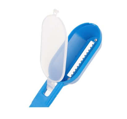 Blue kitchen peeler tool with protective lid, kitchen accessory for peeling vegetables