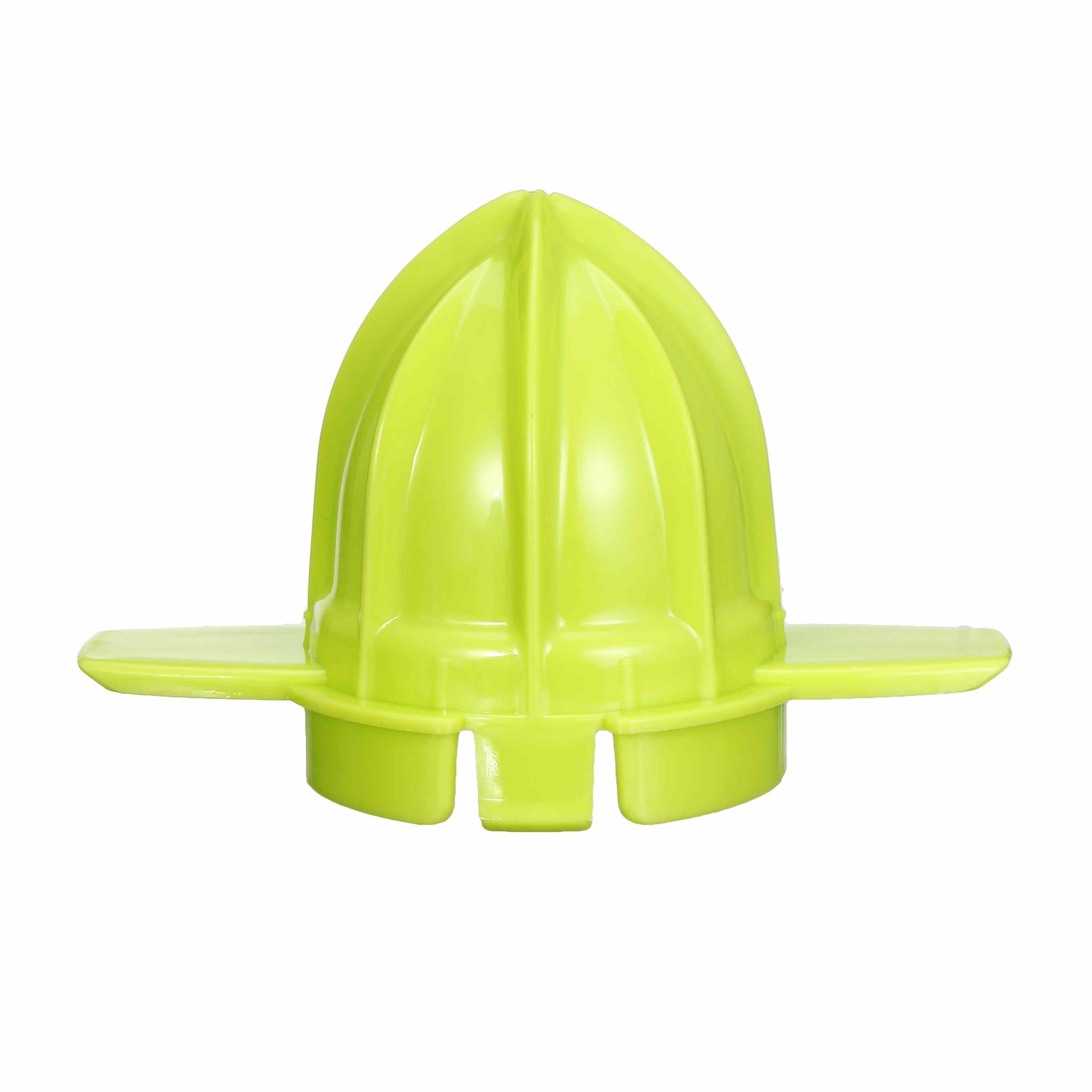 Lime green plastic citrus juicer kitchen tool on white background