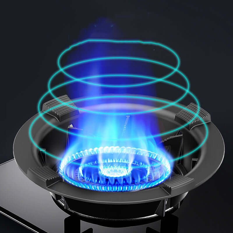 Close-up of a gas stove burner with blue flame and heat distribution rings
