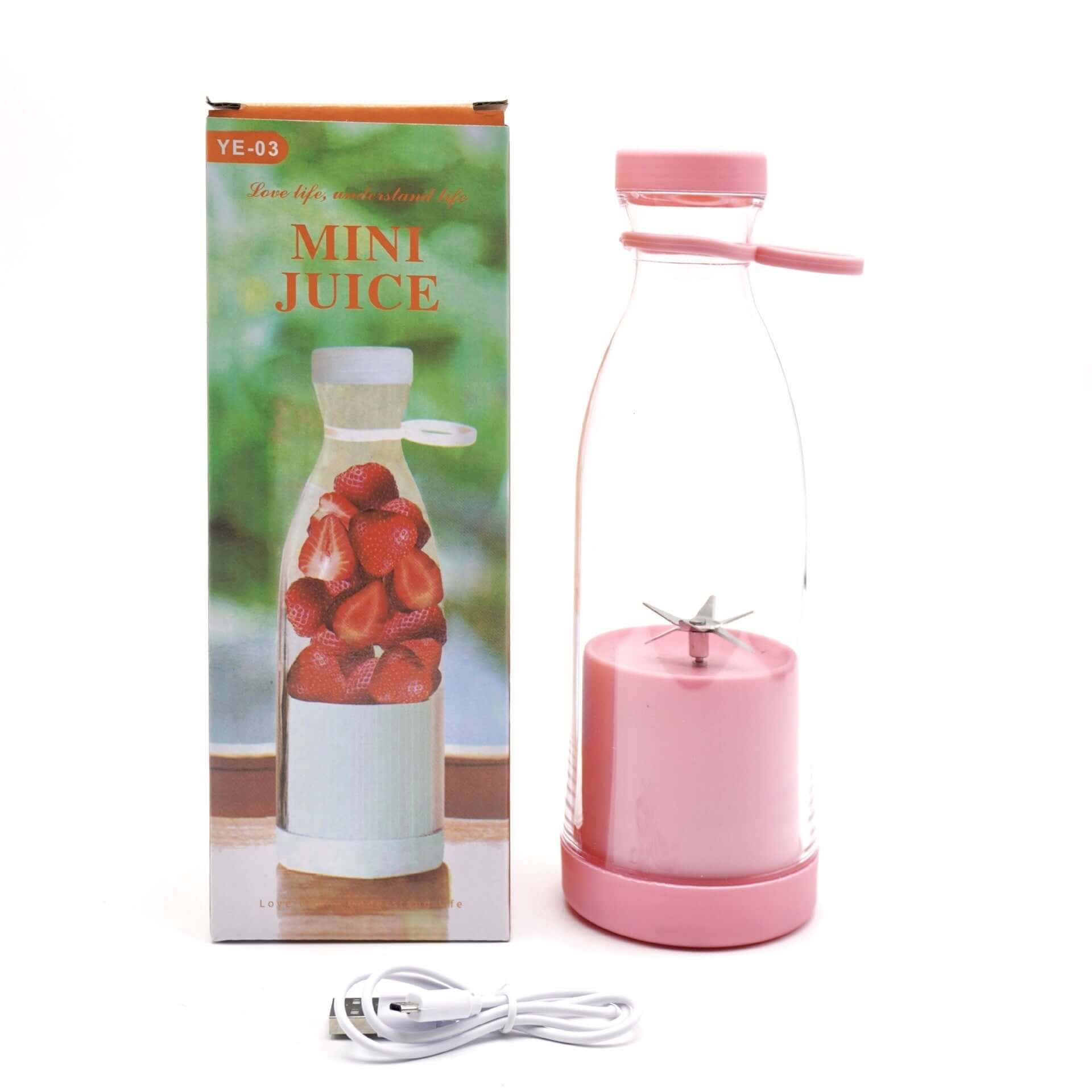 Pink portable mini juicer blender with box and USB charging cable, kitchen accessory