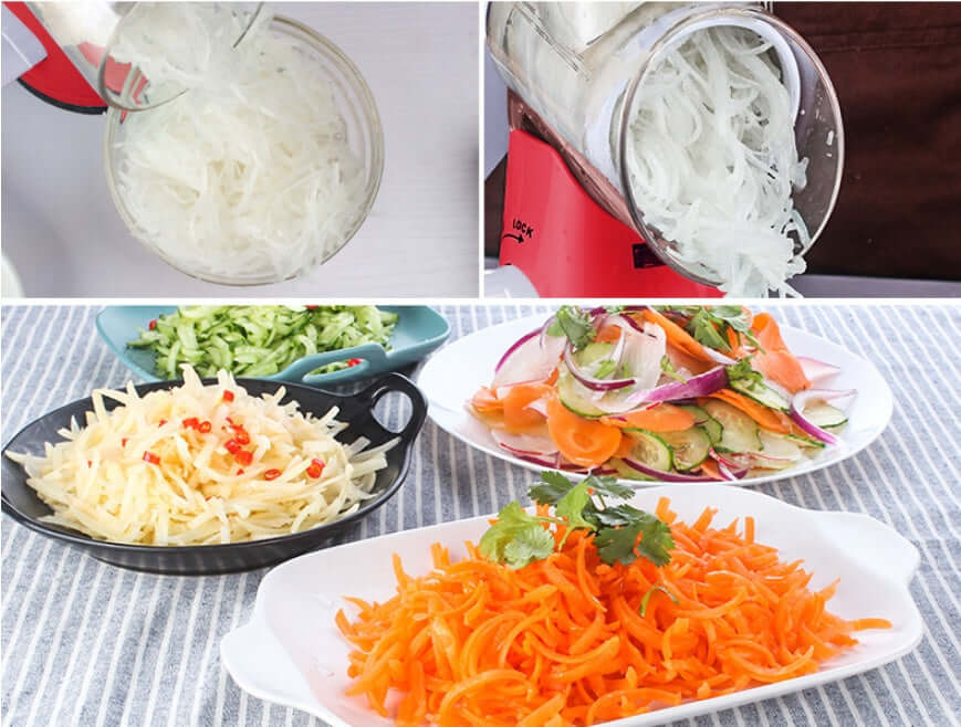 Vegetable slicer shredding onions with plates of sliced carrots, cucumbers, and mixed salad