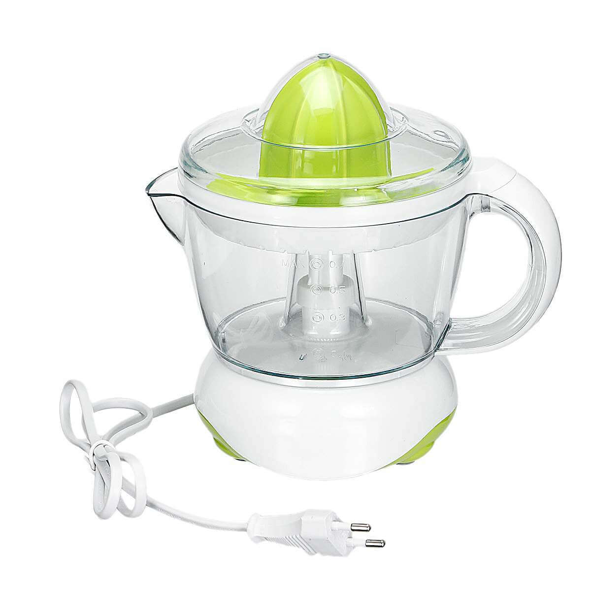 Electric citrus juicer with transparent container, green lid, and white power cord