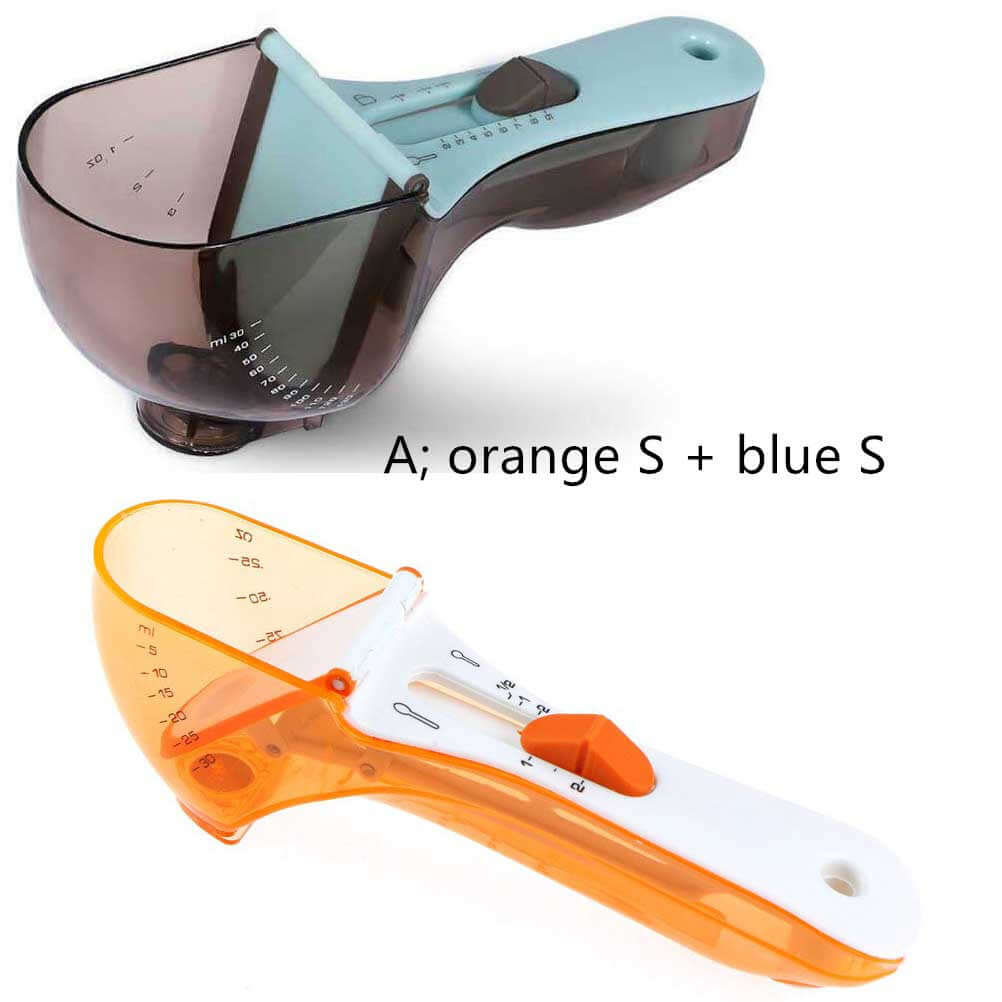 Adjustable measuring scoops in blue and orange, kitchen tool for precise ingredient measurement
