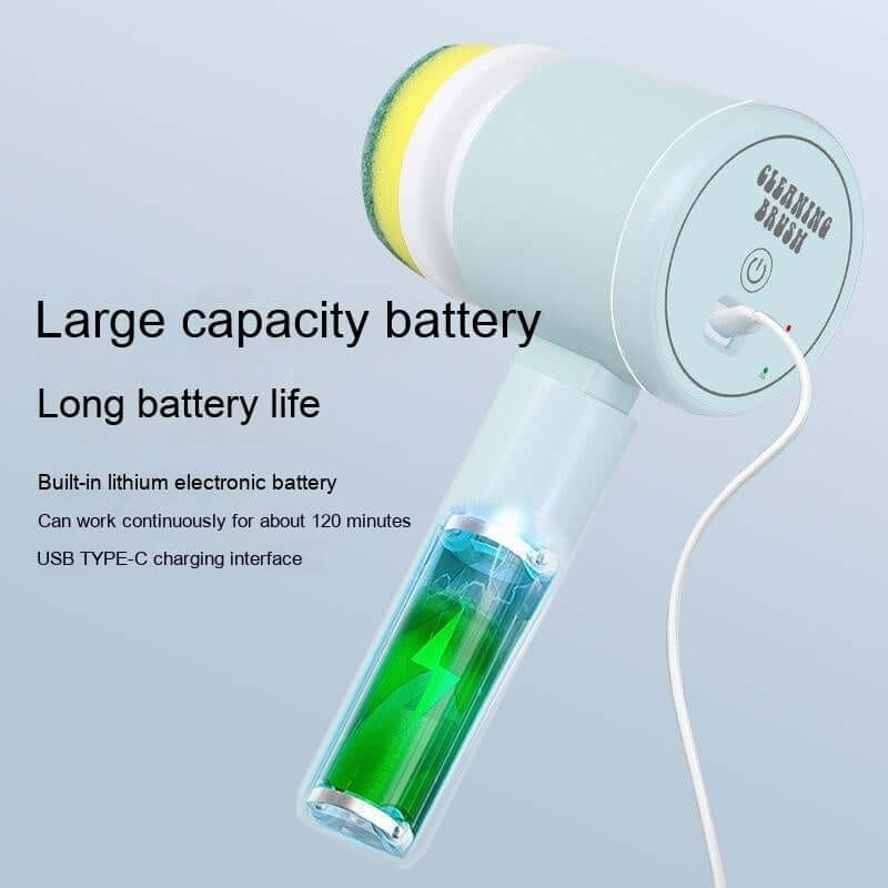 Electric cleaning brush with USB Type-C charging, built-in lithium battery and sponge head.