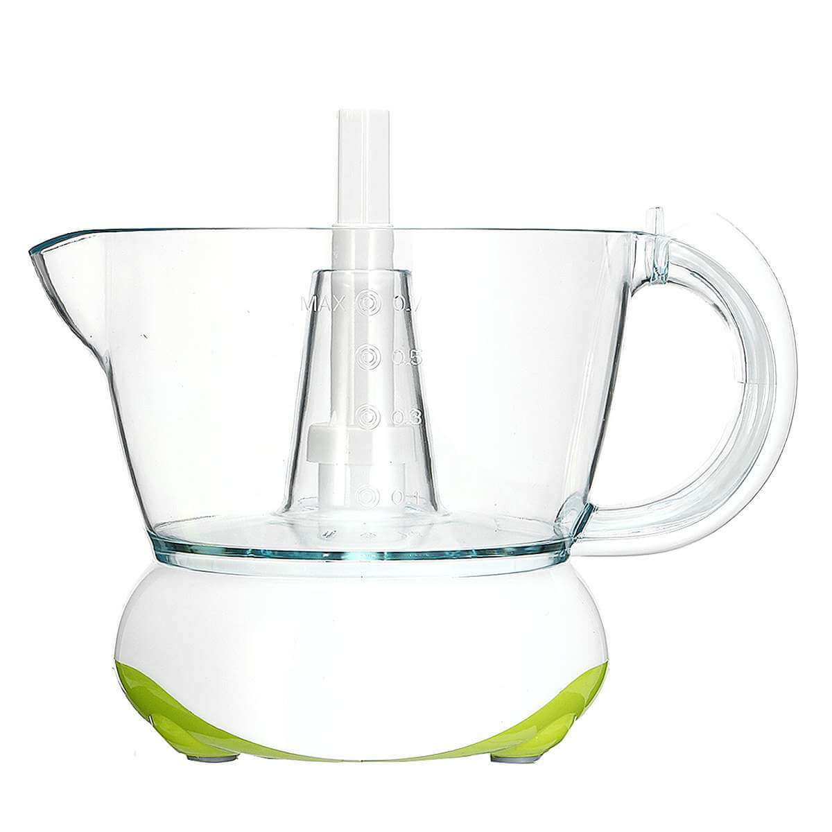 Clear plastic kitchen mixer bowl with handle and measurement marks on white base