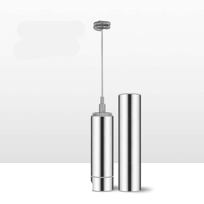 Stainless steel handheld milk frother with detachable cover on white background