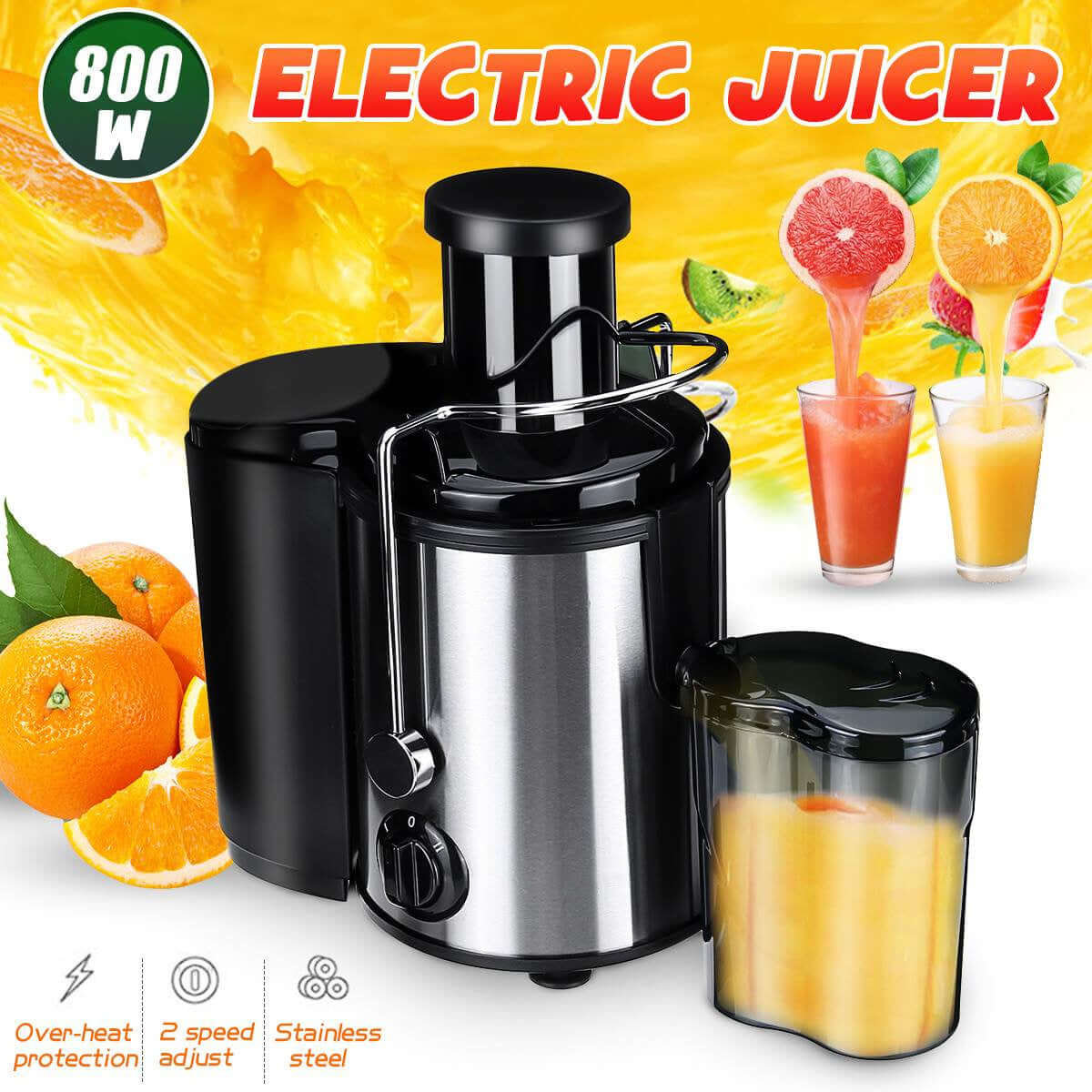800W electric juicer with stainless steel body, adjustable speed, and juice container, surrounded by fresh fruit.