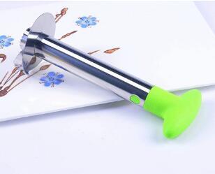 Stainless steel pineapple corer with green handle on white plate, kitchen tool