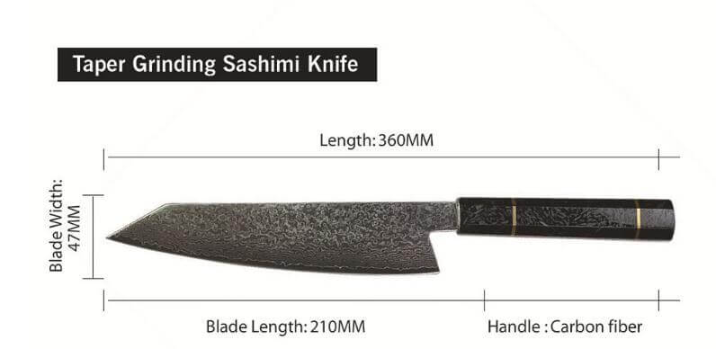 Taper grinding sashimi knife with hammered blade, carbon fiber handle, 360mm length, kitchen utensil.
