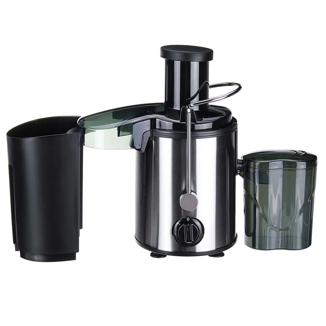 Stainless steel electric juicer with pulp container, kitchen appliance on white background.