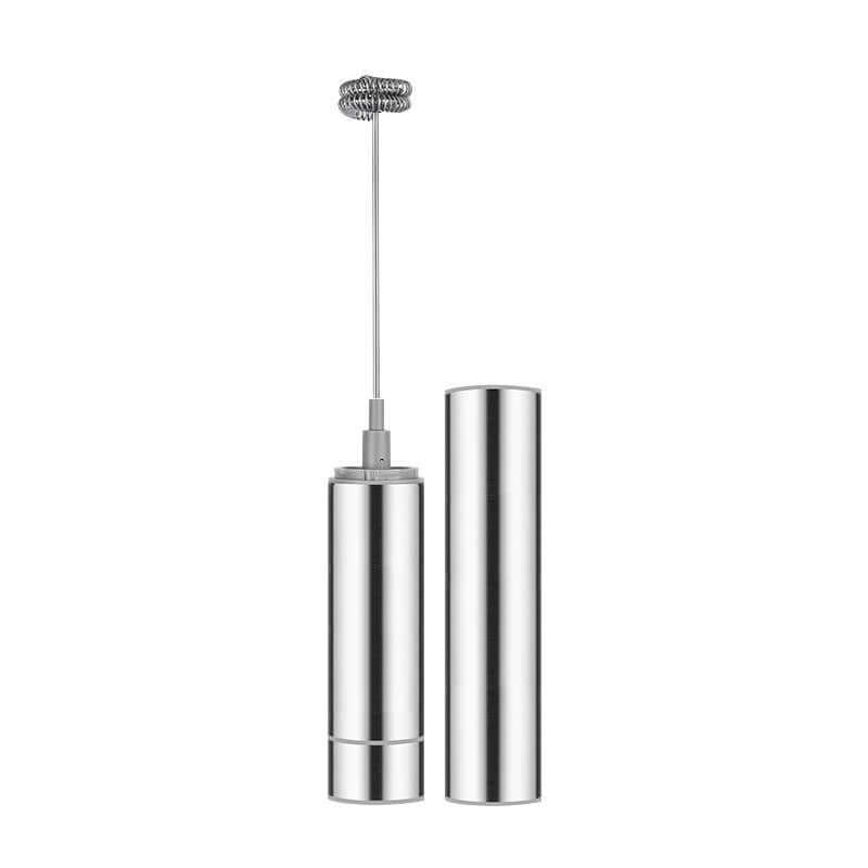 Stainless steel handheld milk frother with removable lid, modern kitchen accessory