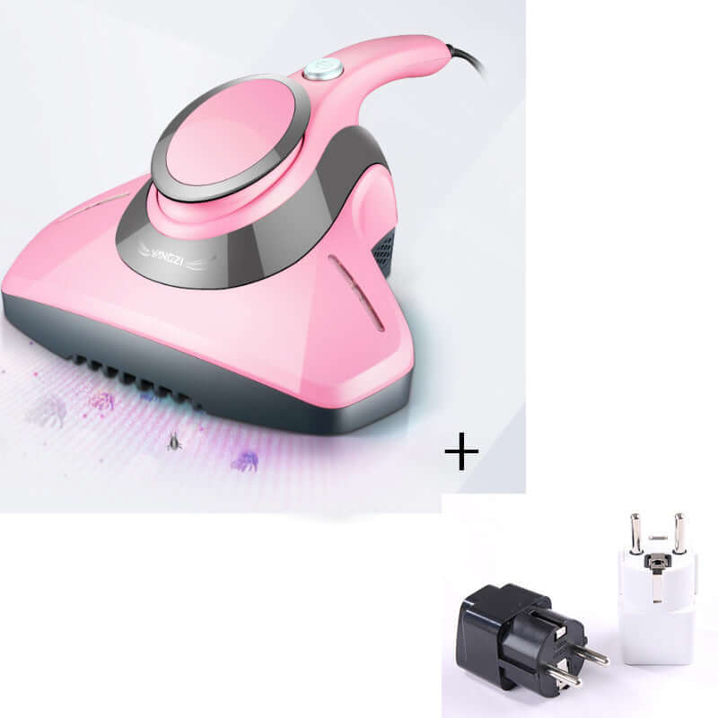 Pink handheld vacuum cleaner for dust mites with two plug adapters
