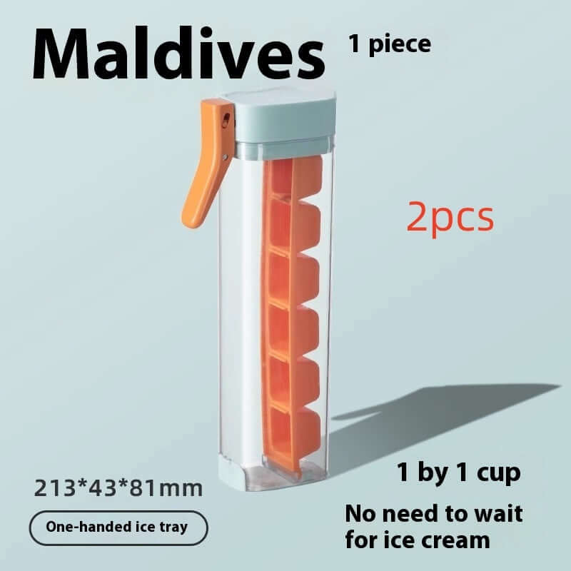 One-handed kitchen ice tray with orange handle and ice slots, modern kitchen accessory