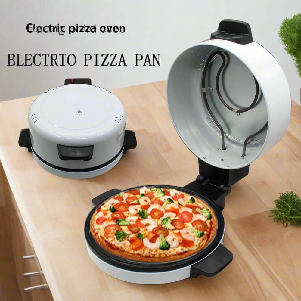 Electric pizza maker appliance on kitchen counter with fresh pizza inside, countertop kitchen gadget
