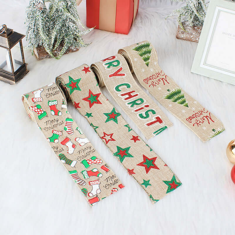Christmas theme decorative ribbons with stockings, stars, trees, and text on white background
