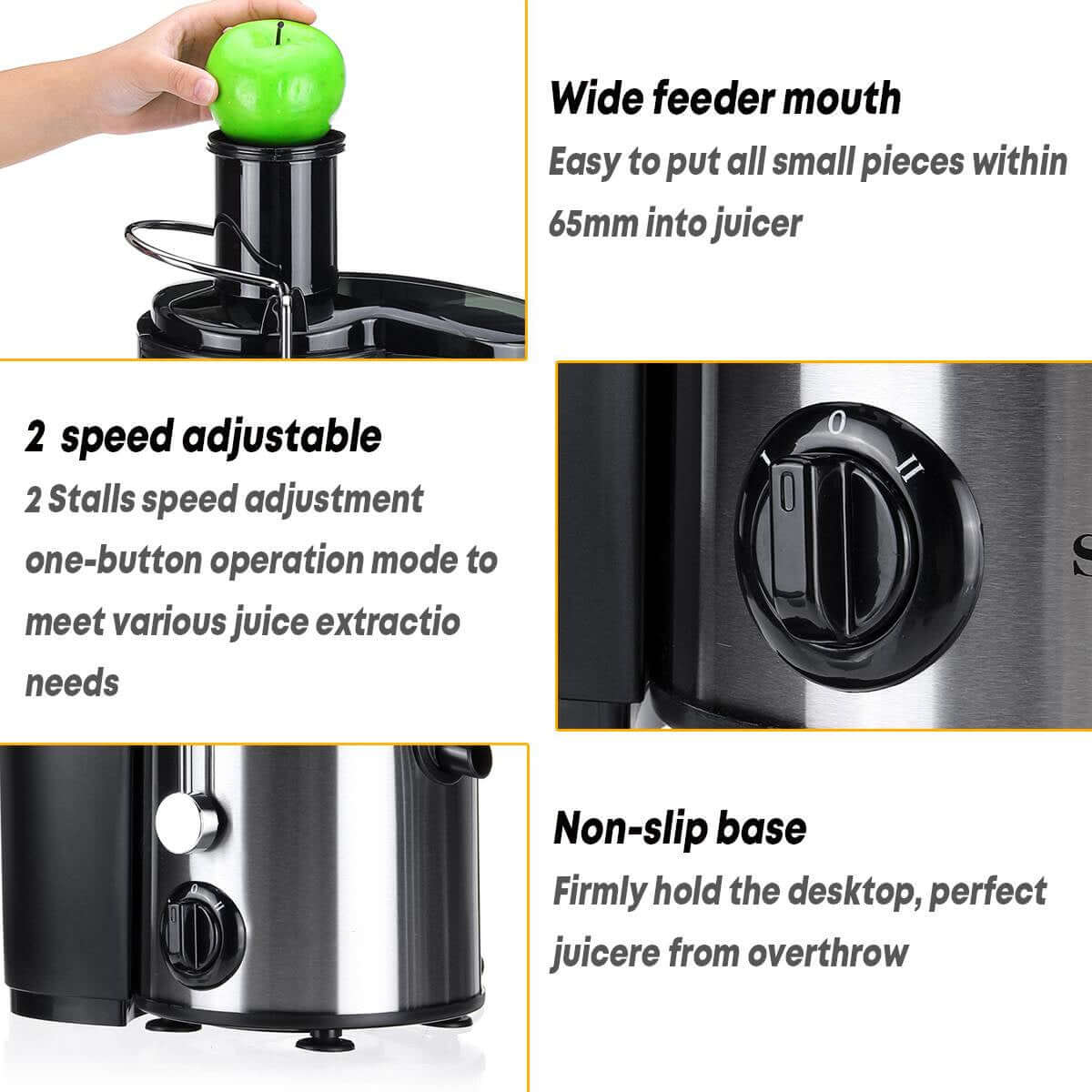 Stainless steel juicer with wide feeder mouth, adjustable 2-speed dial, and non-slip base.