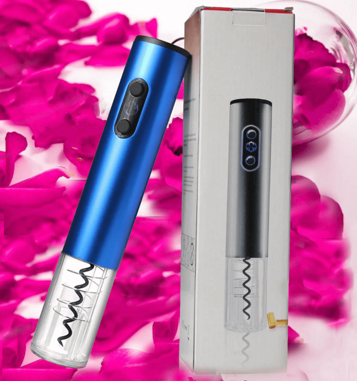 Blue electric wine bottle opener and packaging on pink floral background