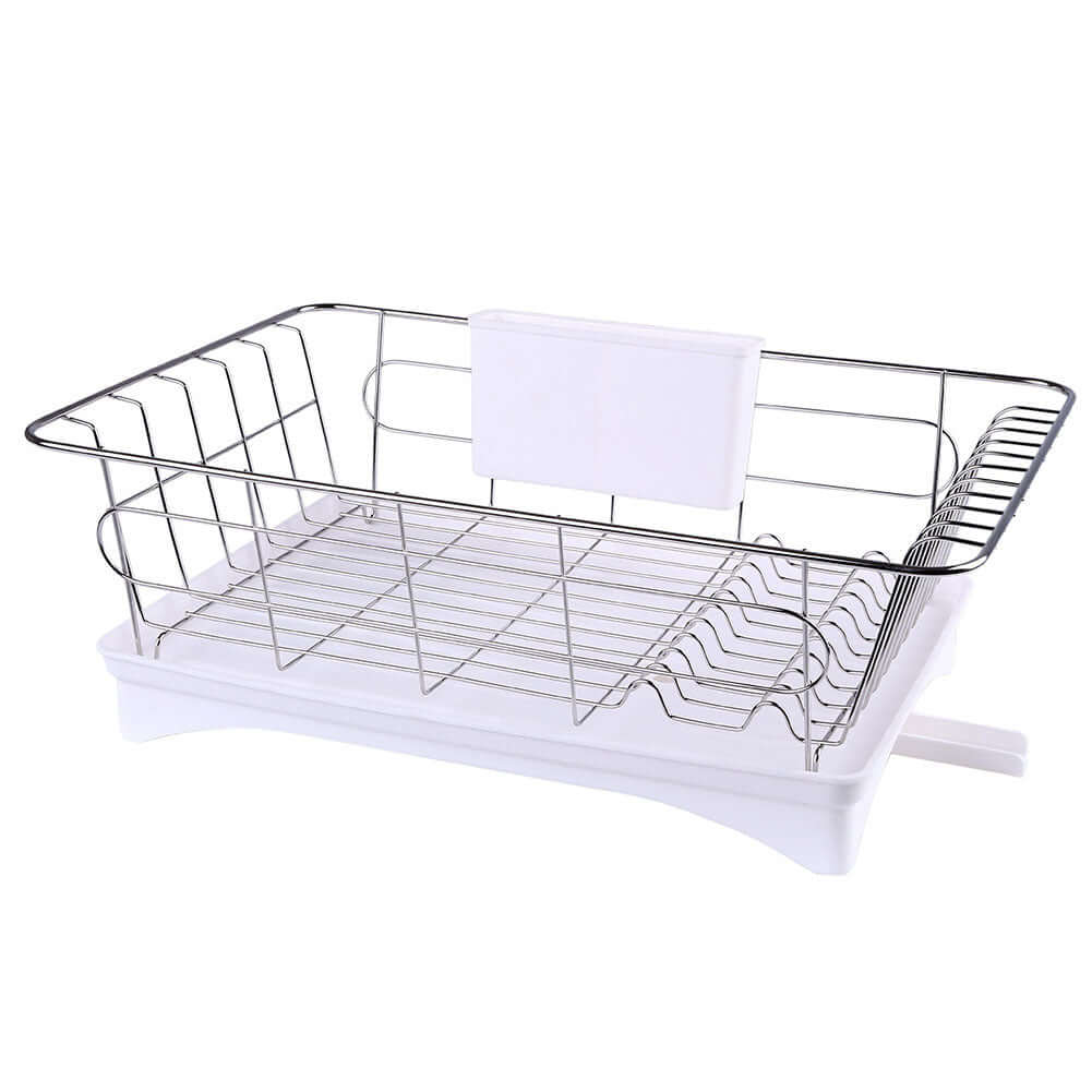 Stainless steel kitchen dish rack with white plastic drip tray and utensil holder