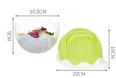 Salad cutter bowl set with lid, white and green, showing dimensions and mixed salad inside.