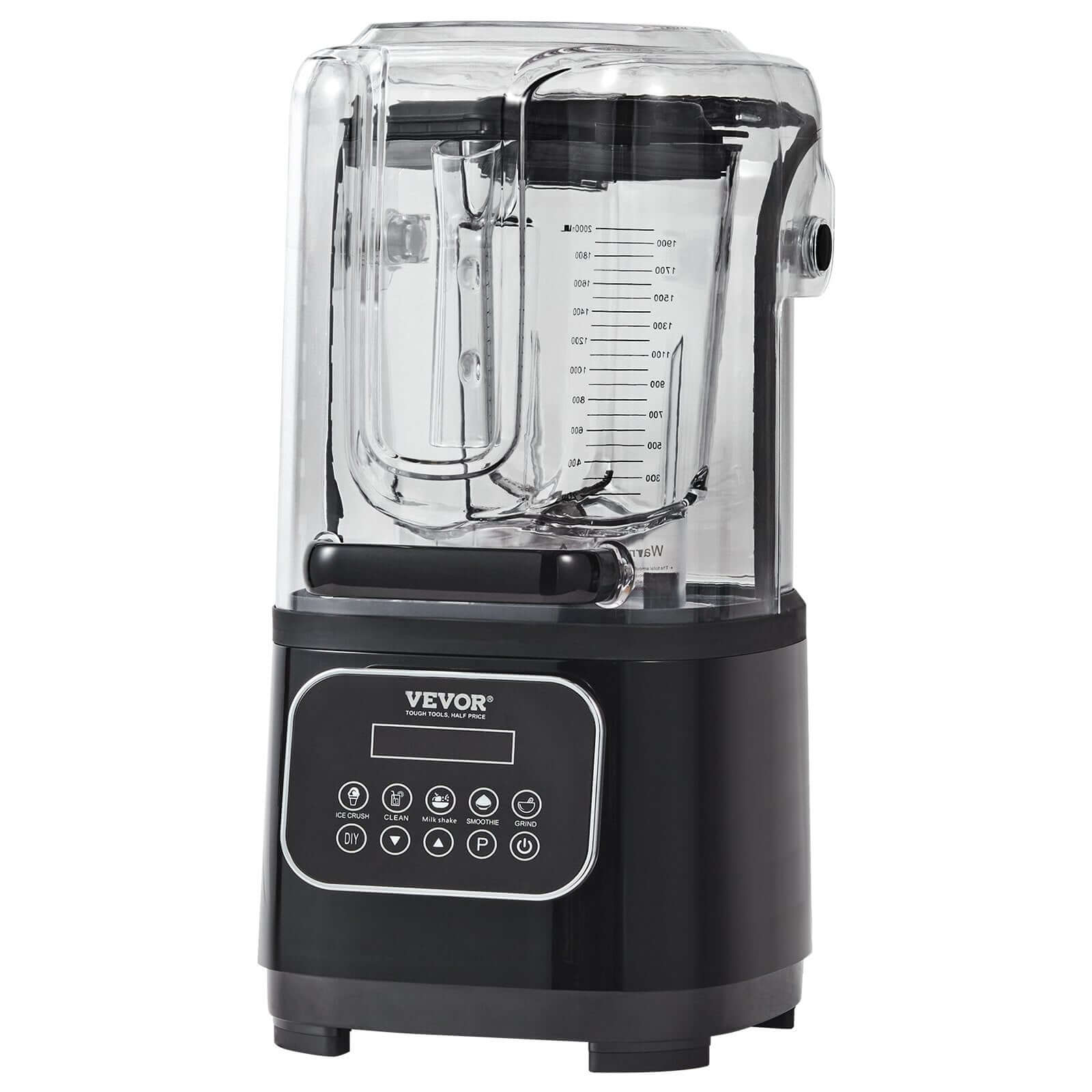 Black countertop blender with digital controls and clear soundproof cover for kitchen use