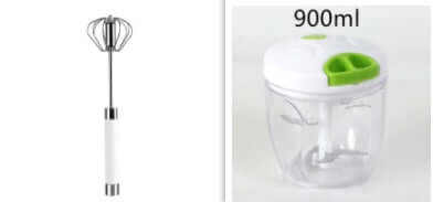 Stainless steel egg beater and 900ml manual food chopper with green lid for kitchen use