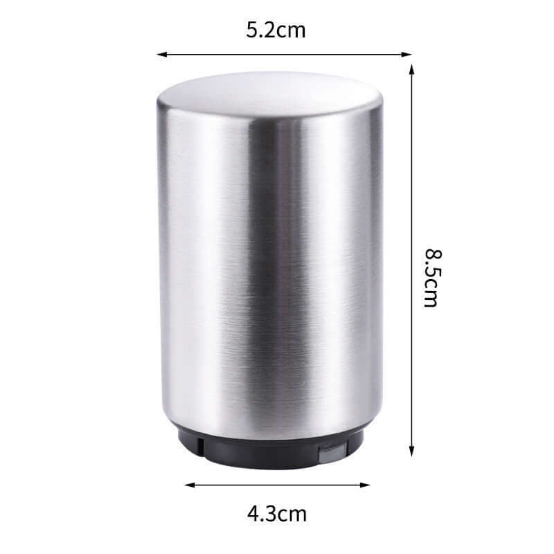 Stainless steel cylindrical kitchen accessory with black base, product dimensions labeled