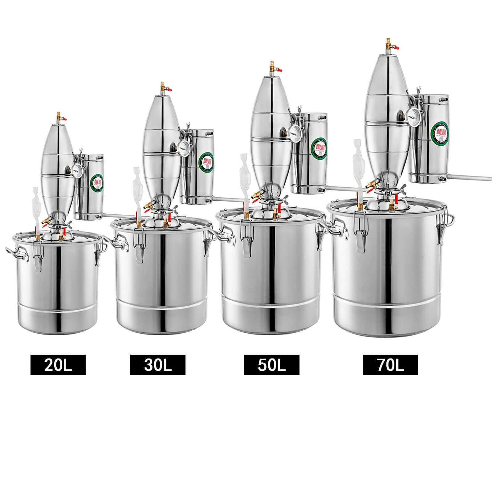 Stainless steel kitchen distiller pots in 20L, 30L, 50L, and 70L sizes, side by side.