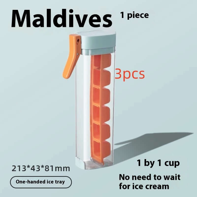 Clear and orange one-handed ice tray for kitchens, vertical design, product details text overlay
