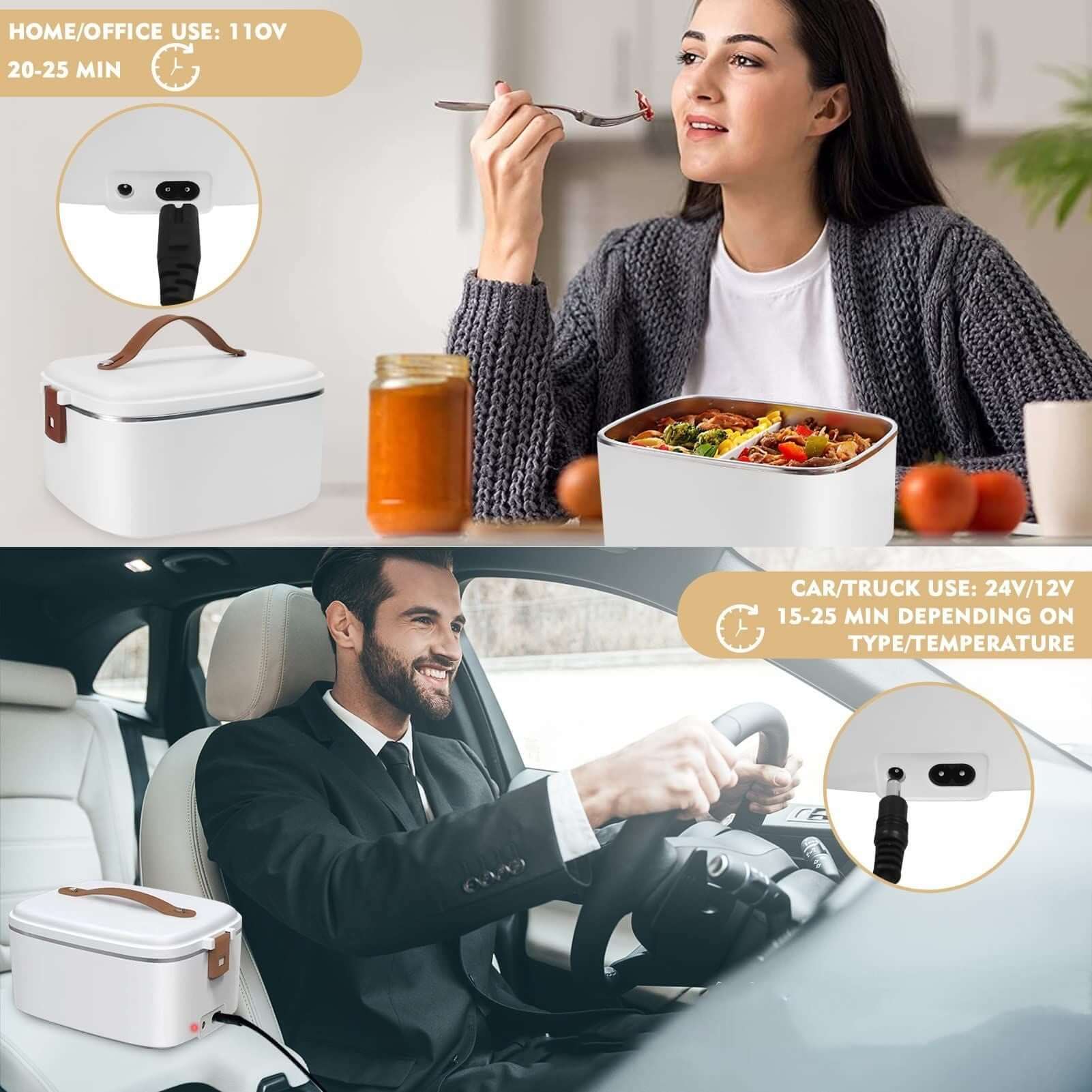 Portable electric lunch box heater for home, office, and car use, ideal kitchen accessory