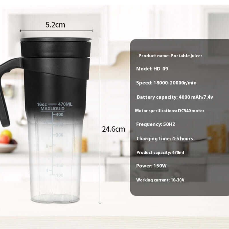Portable juicer with black lid, 470ml capacity, and measurement markings on kitchen counter