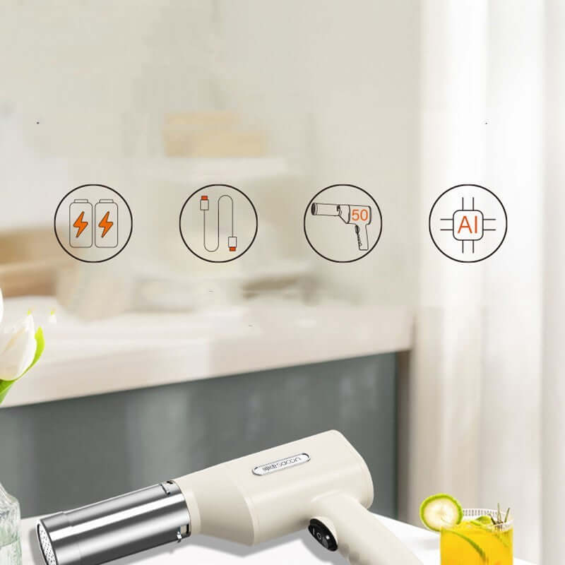 Cordless kitchen torch on countertop with icons for battery, USB charging, temperature, and AI control