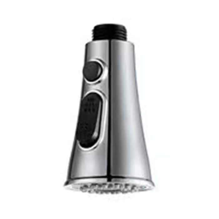 Chrome kitchen faucet spray head replacement with multifunction buttons on white background