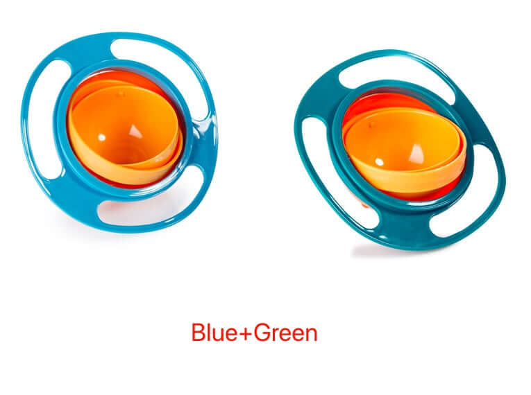 Blue and green spill-proof gyroscopic bowl with orange inner bowl for kids