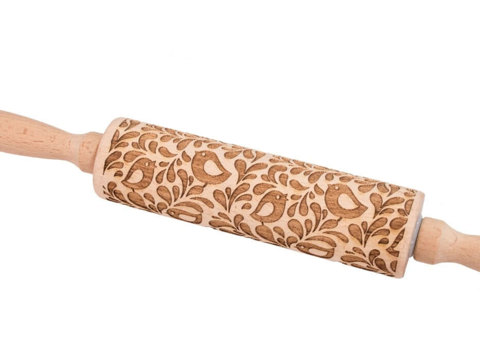 Wooden embossed rolling pin with bird and leaf pattern for baking and kitchen use