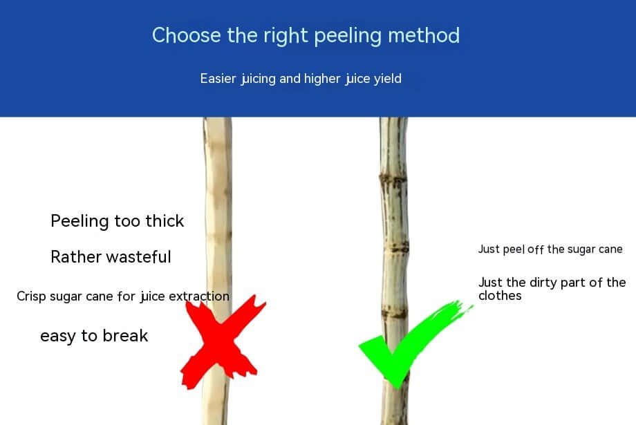 Sugar cane peeling methods comparison for juicing; left shows thick peel with red X, right shows thin peel with green check.