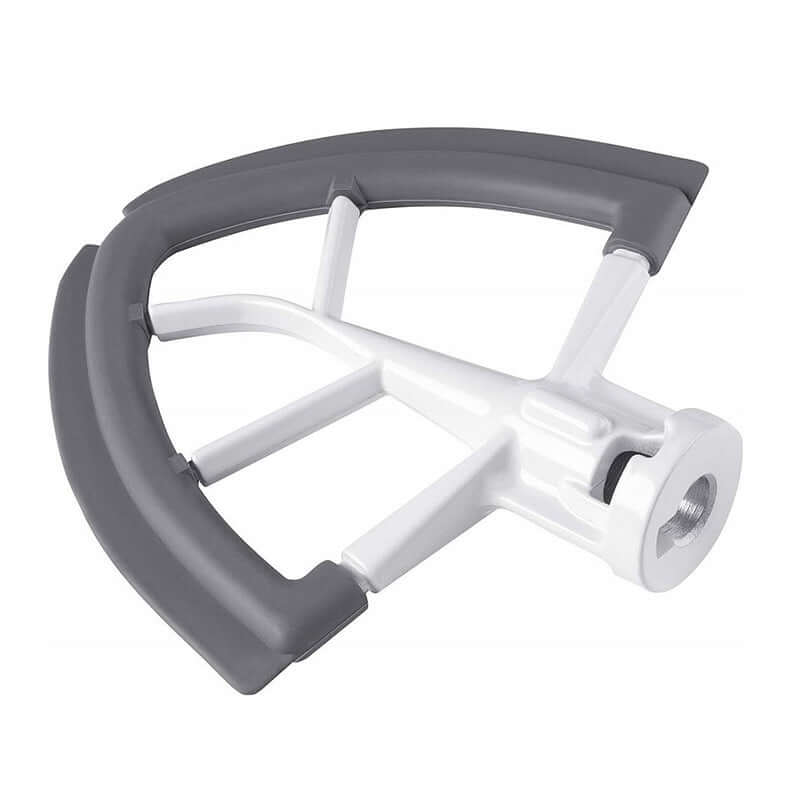 Stand mixer beater attachment with flexible edge and gray silicone scraper