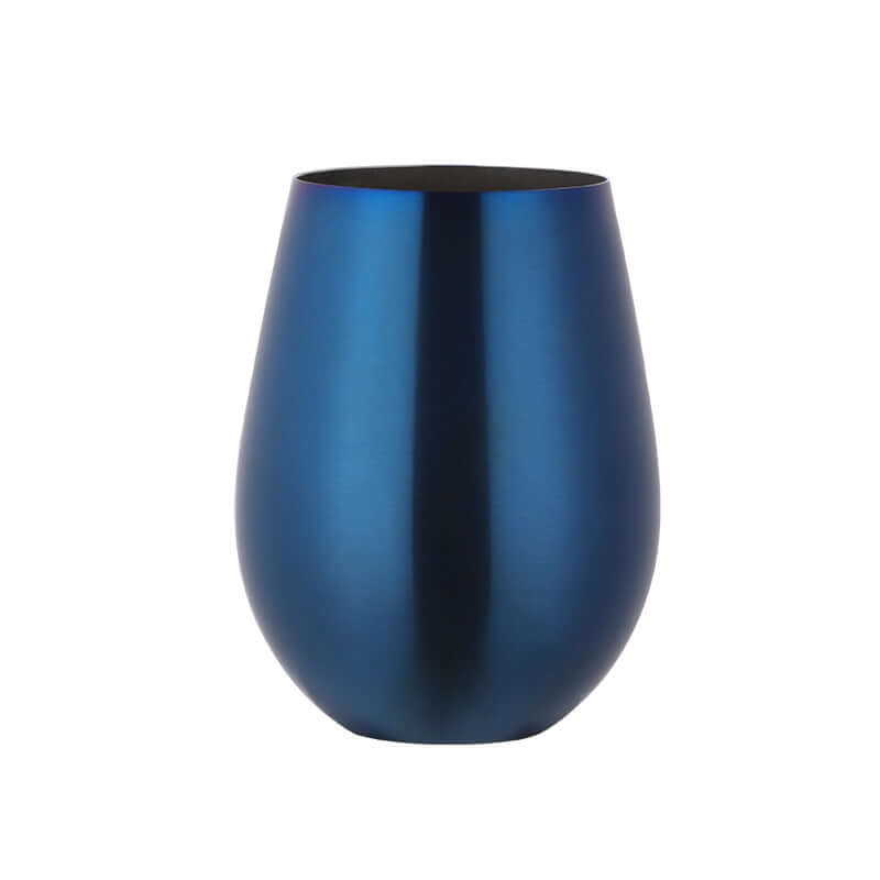 Blue stainless steel wine tumbler cup on white background, kitchen accessory