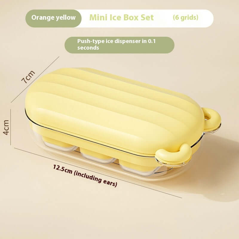 Orange yellow mini ice box set with 6 grids, compact push-type ice dispenser.
