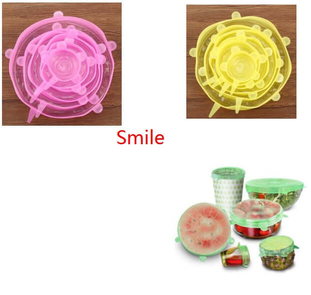 Assorted reusable silicone stretch lids in pink, yellow, and green covering various kitchen containers.
