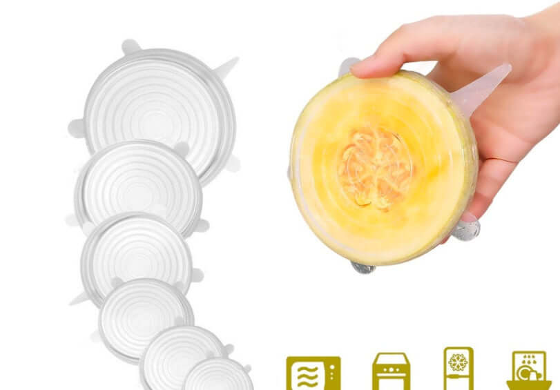 Hand placing reusable silicone stretch lid on a cut melon, kitchen accessory for food storage