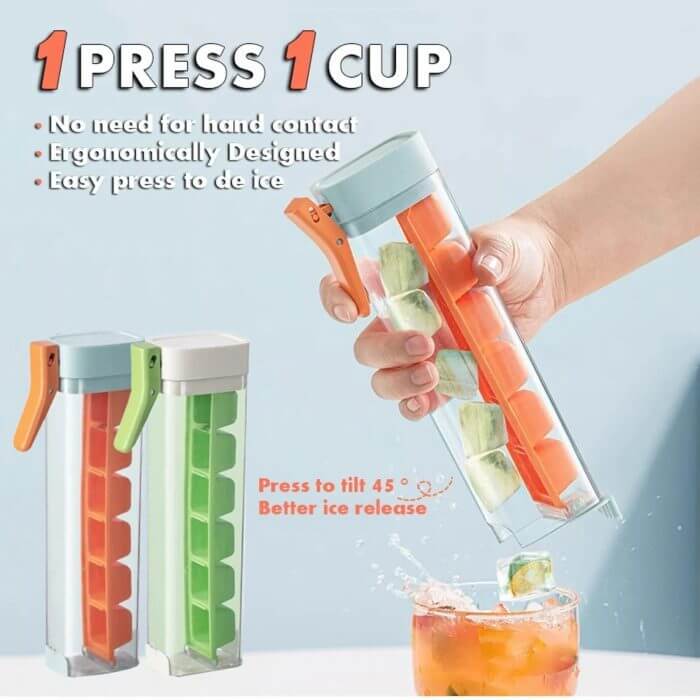 Hand using push ice cube tray to release cubes into drink, ergonomic kitchen accessory.