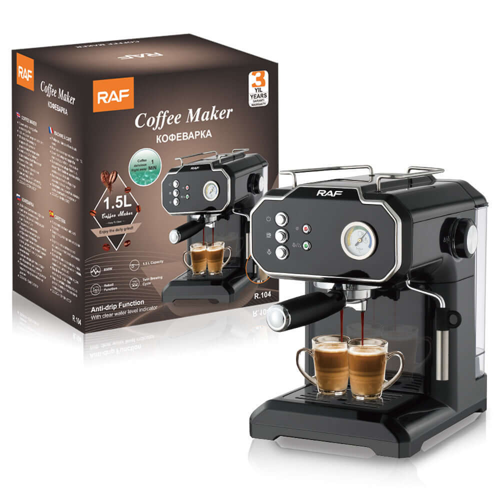 Black espresso coffee maker with two cups, product box featuring 1.5L capacity, kitchen appliance